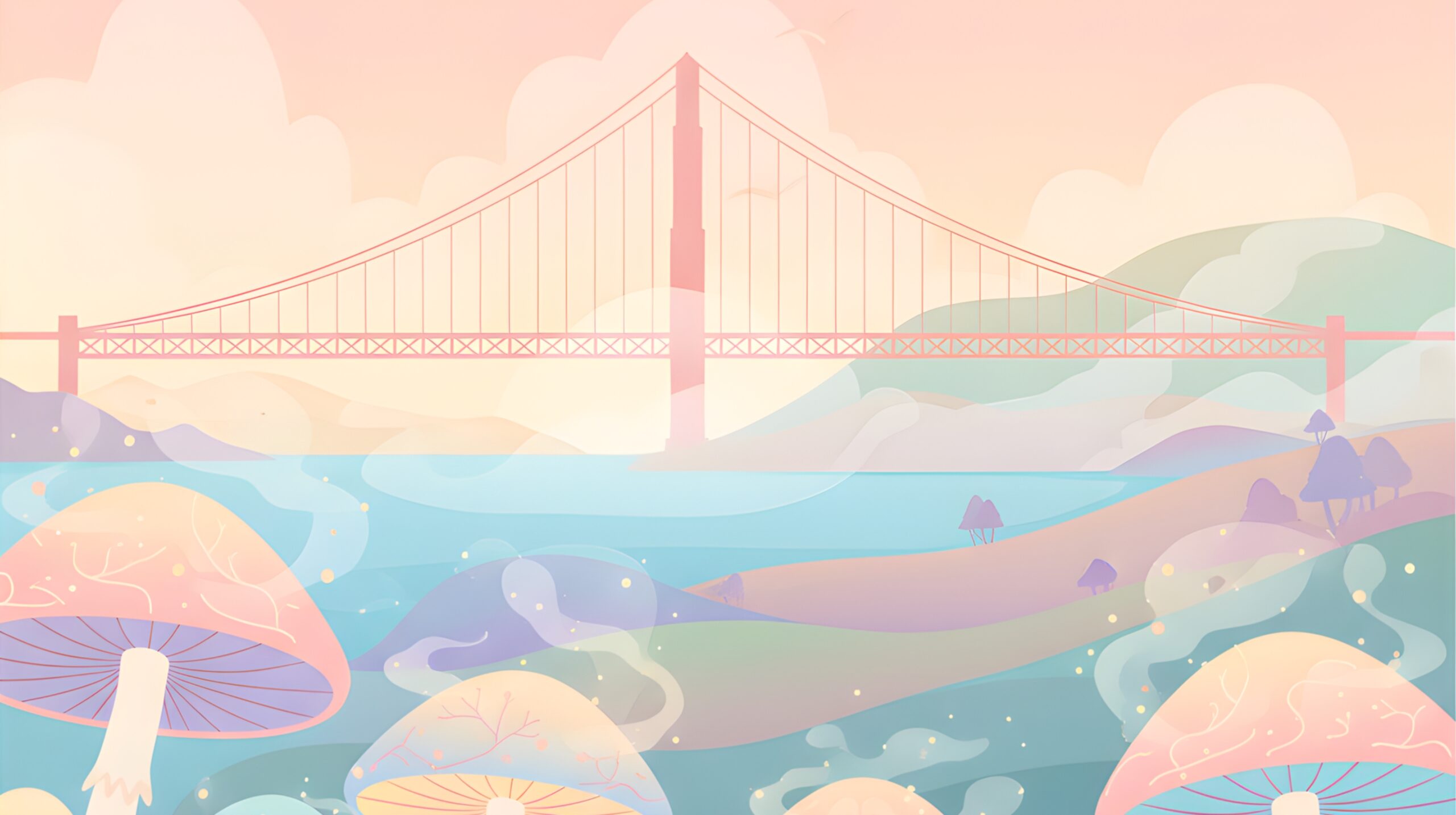 Psychedelic Retreat California: A whimsical landscape featuring the Golden Gate Bridge in the background, with oversized, colorful mushrooms and a misty, pastel foreground, evoking a dreamy, altered state.
