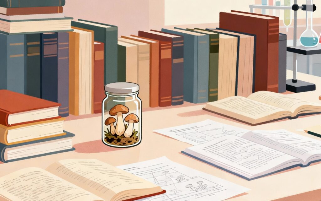 A jar of mushroom on top of a desk with science books and papers.