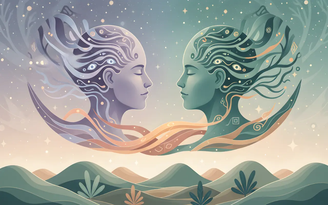 A pastel illustration shows two profile faces, one cosmic purple and one nature green, connected by light over hills. It symbolizes interconnected consciousness and nature's influence.