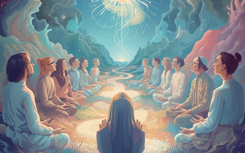 A diverse group in meditative poses forms a circle on a glowing path, bathed in pastel light, under a radiant sky, evoking shared spiritual revelation.