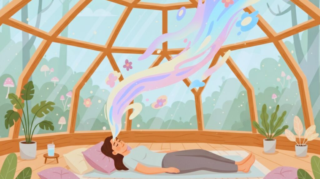 Illustration of a person lying down in a dome, experiencing an abstract, colorful visualization, representing therapy with psychedelics for career burnout.