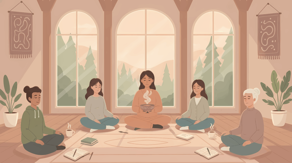 Five people in a meditative circle, one holding a smoking bowl, with large windows overlooking a forest during a psychedelics for career burnout retreat.