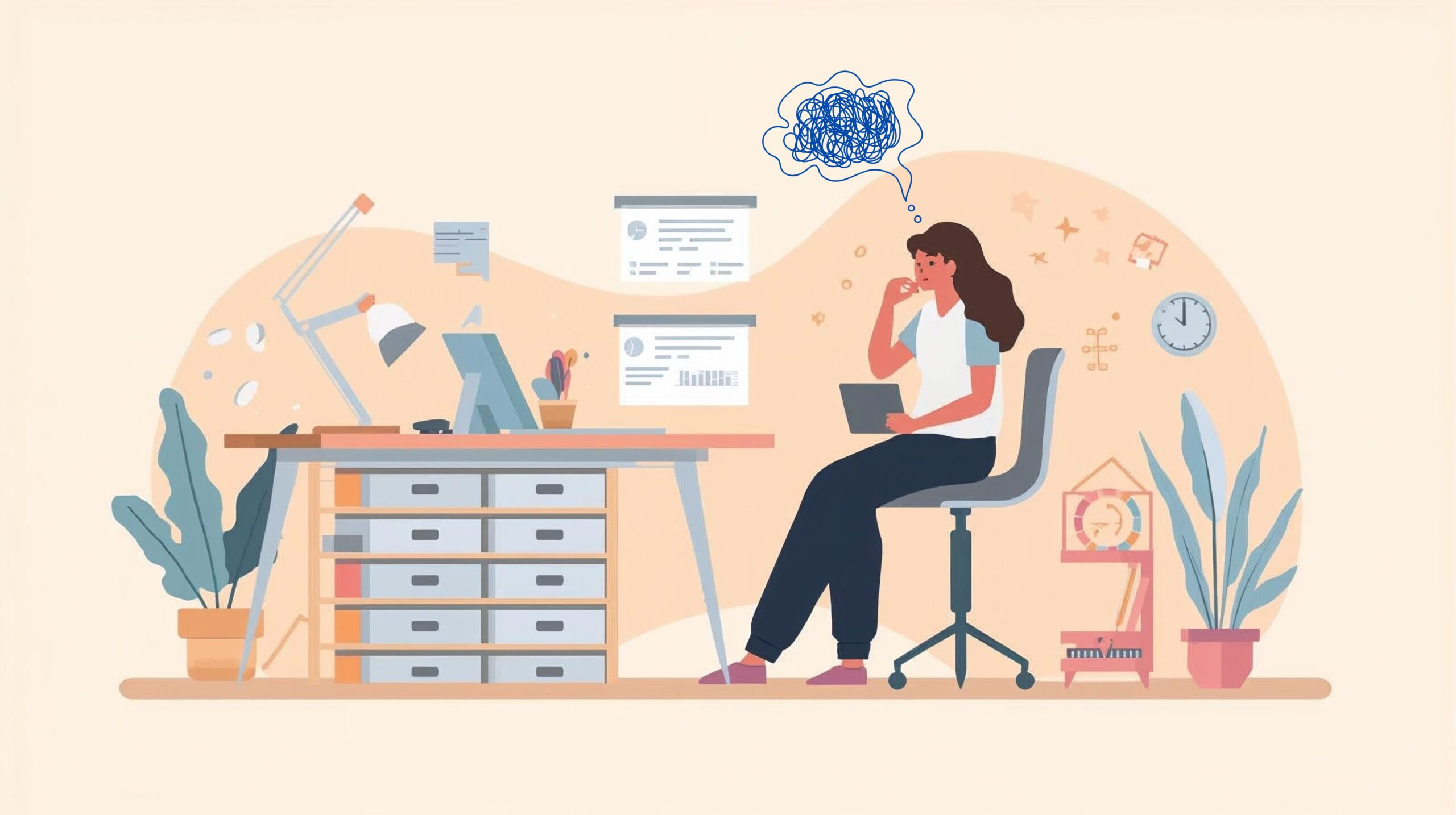 Illustration of a woman at a desk with a tangled thought bubble, symbolizing a person considering psychedelics for career burnout.