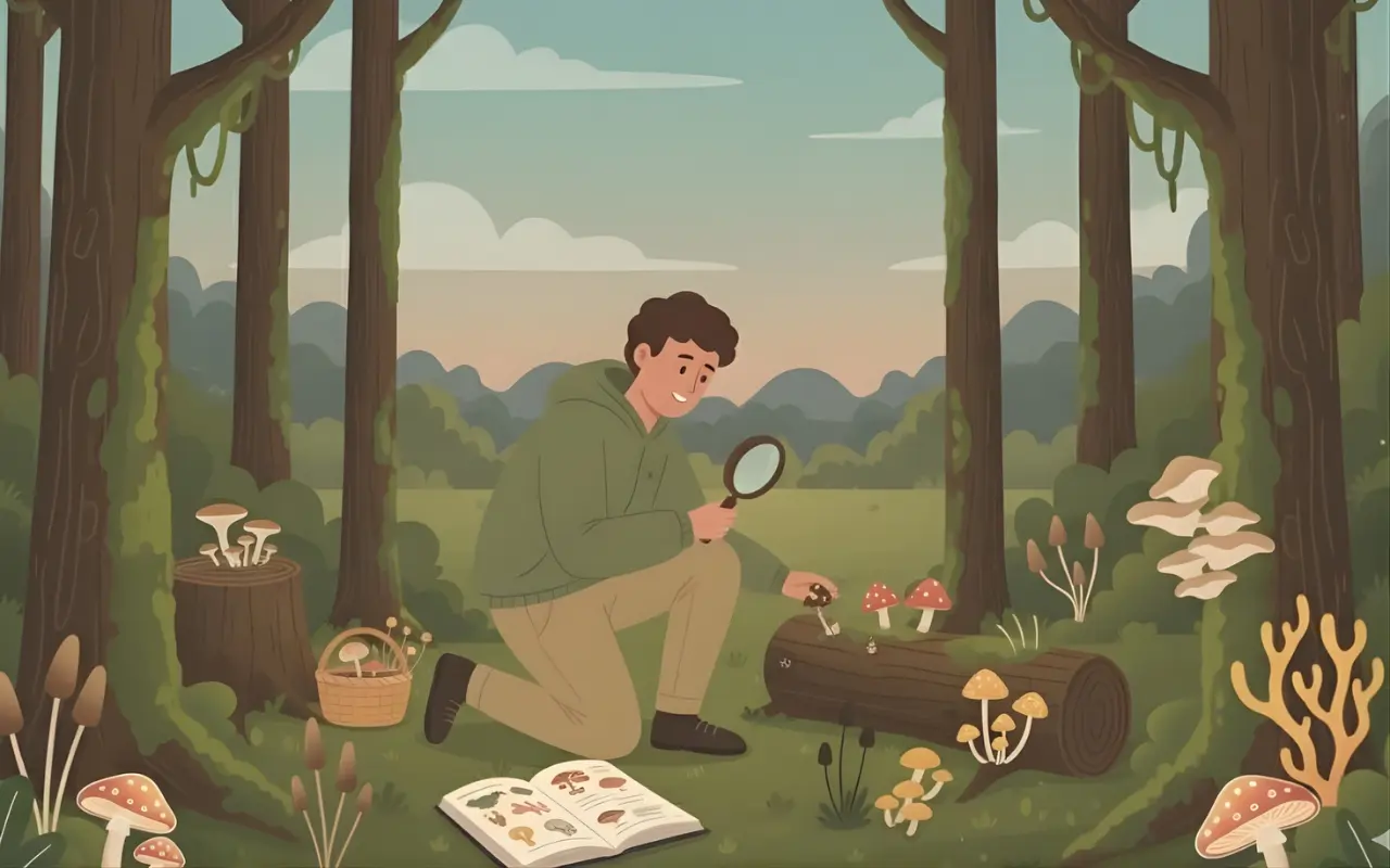 A person with a magnifying lens picking different types of psychedelic mushrooms in the forest.