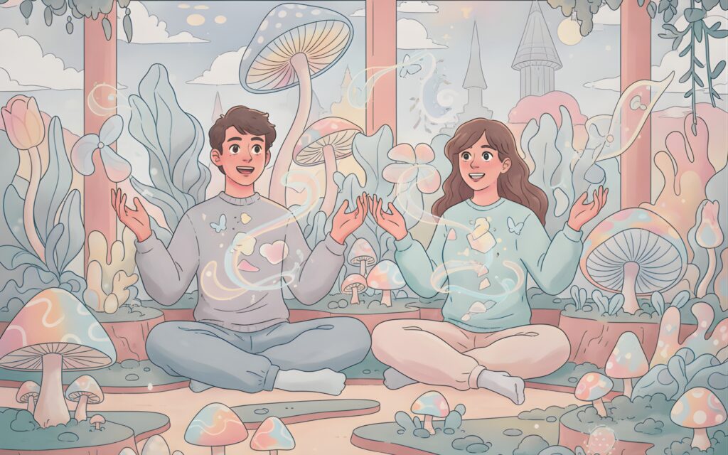 A couple enjoying a therapeutic experience during a psilocybin therapy.