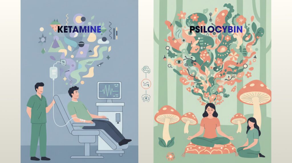An illustration comparing the fast-acting effects of ketamine therapy in a medical setting with the long-lasting effects of psilocybin in a natural, contemplative setting.