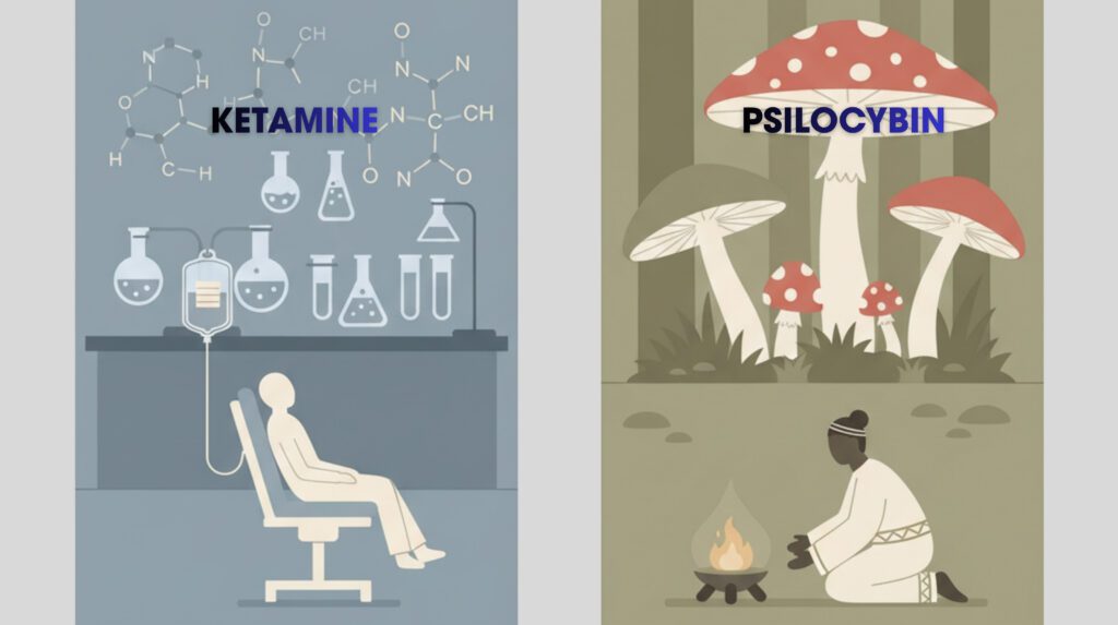 An illustration contrasting the origins of ketamine, shown as chemical structures and lab equipment, and psilocybin, depicted as mushrooms in nature.
