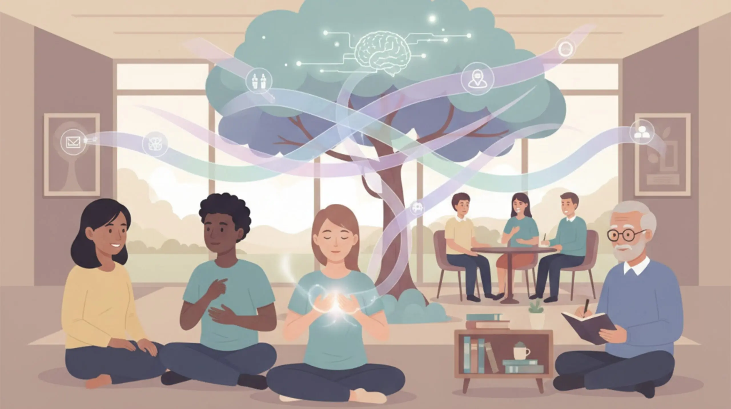 Flat illustration of diverse people meditating in a peaceful room with a facilitator, representing a comprehensive Psychedelic Harm Reduction and integration care model.