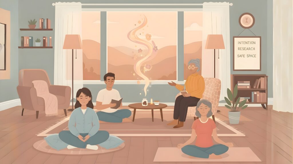Illustration of a group preparing for a journey (Set/Setting), with a facilitator guiding them, emphasizing preparation for Psychedelic Harm Reduction.
