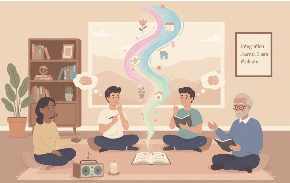 Illustration of a group and facilitator discussing insights from an open book, symbolizing integration and reflection essential for Psychedelic Harm Reduction and recovery.