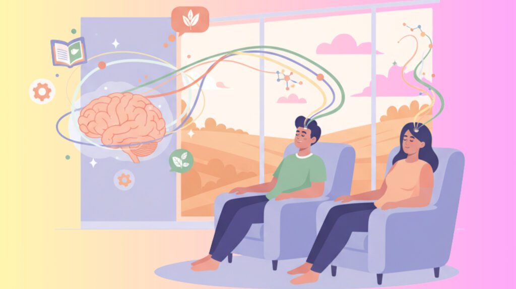 Two individuals in comfortable chairs with subtle, colorful lines connecting their heads to symbols representing psychedelic insights, mental health, and personal growth.
