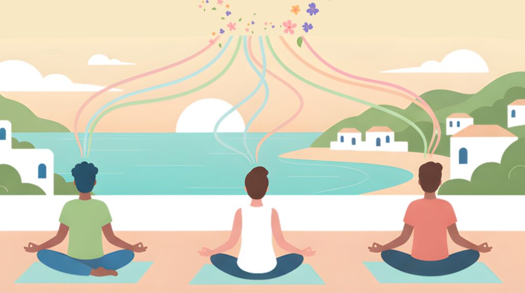 Simple flat illustration of two people sitting comfortably, connected by abstract, flowing lines to a stylized Spanish landscape, representing the introspective journey of psychedelic retreats.