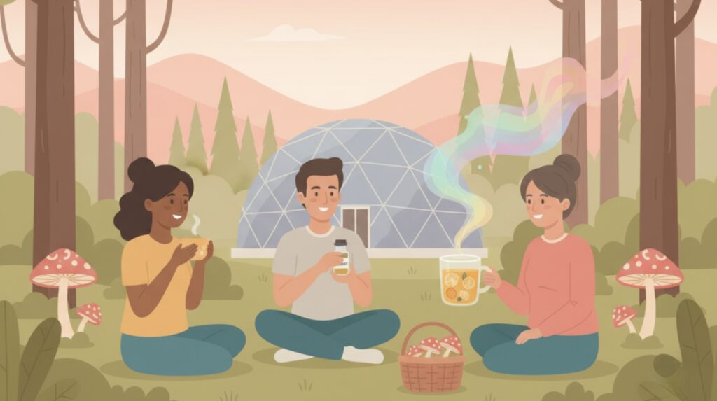 Three people consuming psilocybin-infused beverages in a tranquil forest setting, with a geodesic dome in the background, representing a mushroom retreat.