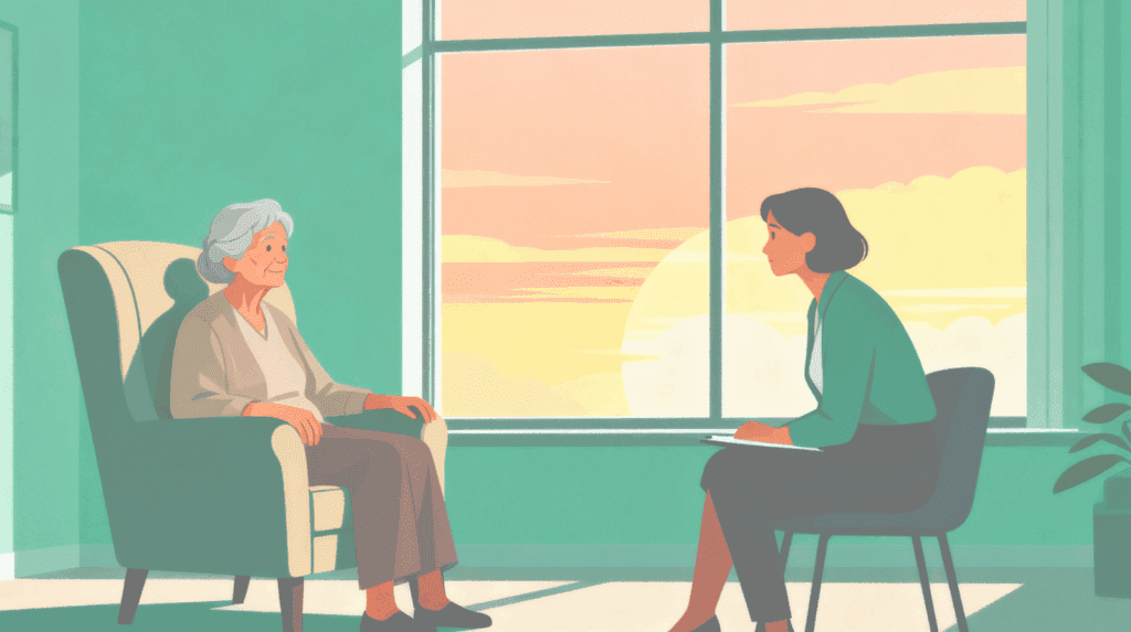 Therapist guiding an elderly woman through end-of-life anxiety counseling, illustrating the compassionate, science-backed psychedelic therapy at Beckley Retreats.
