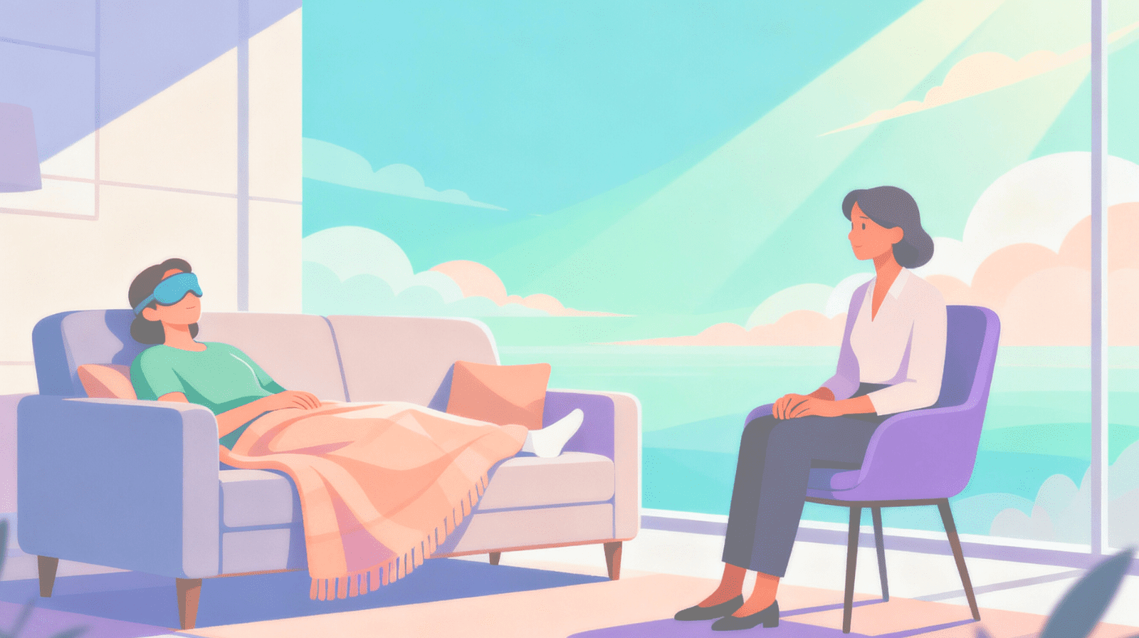 Patient with eye mask undergoing guided psilocybin therapy for end-of-life anxiety, supported by a professional Beckley Retreats facilitator in a safe, peaceful therapeutic setting.