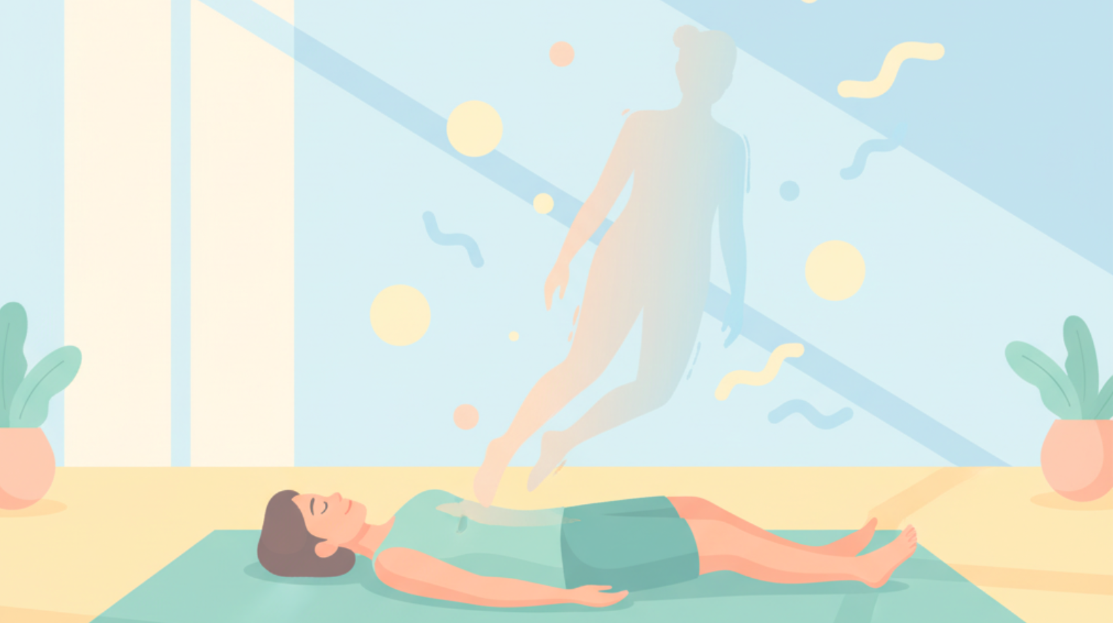 Illustration of dissociation during ketamine therapy, showing a floating spirit above a resting body to symbolize the out-of-body psychedelic experience and deep healing at Beckley Retreats.