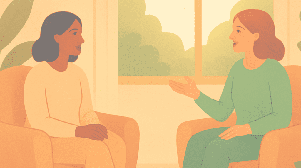 Illustration of a one-on-one integration session, showing a facilitator supporting a participant in processing their psychedelic therapy journey for mental wellness at Beckley Retreats.