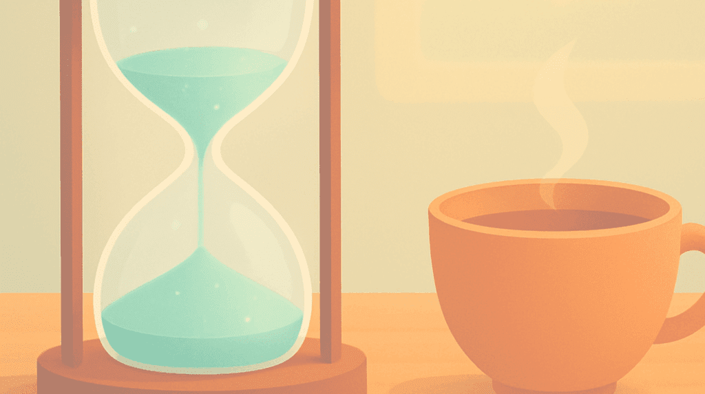 Hourglass and tea illustration symbolizing the duration of ketamine therapy, highlighting the time commitment and peaceful integration period of a psychedelic experience at Beckley Retreats.