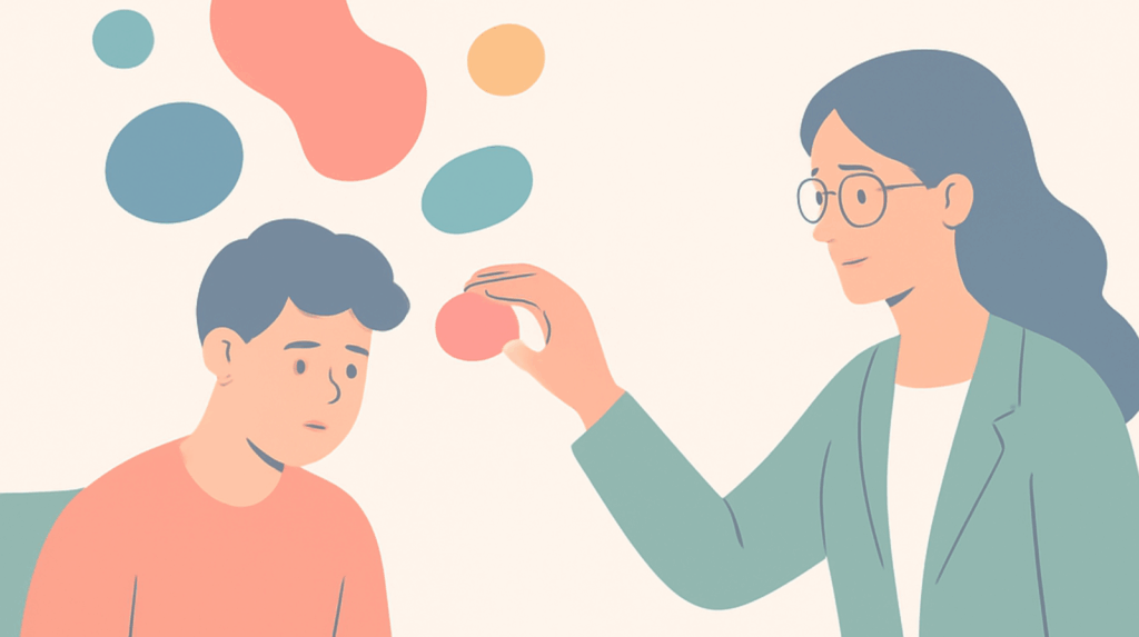 Illustration of a Beckley Retreats integration therapist helping a client organize abstract thoughts, symbolizing the professional guidance provided to process and integrate psychedelic therapy experiences.