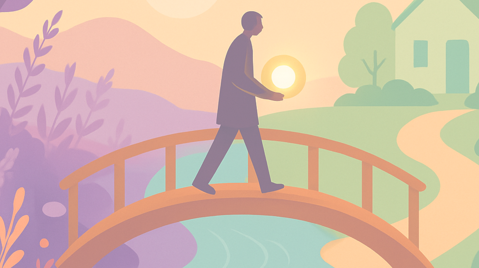 Illustration of a person crossing a bridge with light, symbolizing the psychedelic therapy integration process and healing journey guided by a Beckley Retreats therapist.