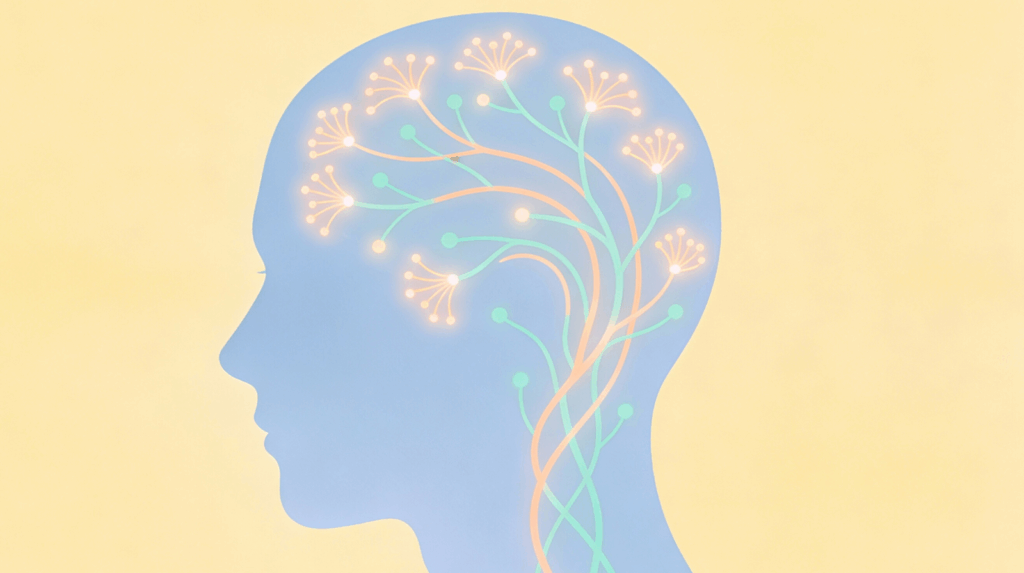 Illustration of blooming neural pathways inside a head silhouette, symbolizing neuroplasticity and brain healing growth through psychedelic therapy at Beckley Retreats.