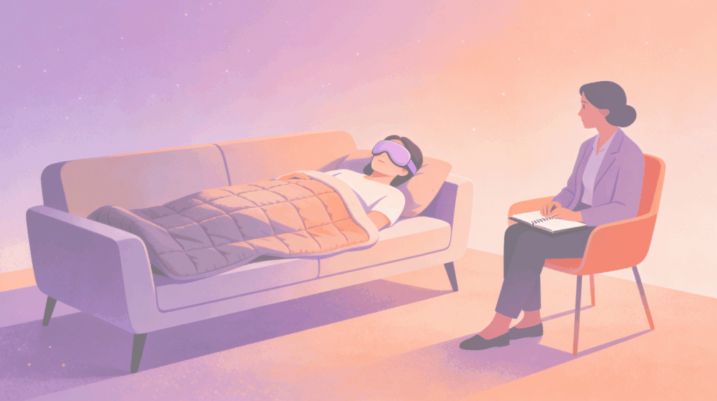 Guided psychedelic therapy session illustration showing a patient resting with an eye mask supported by a facilitator, representing safe, professional mental health treatment environments at Beckley Retreats.