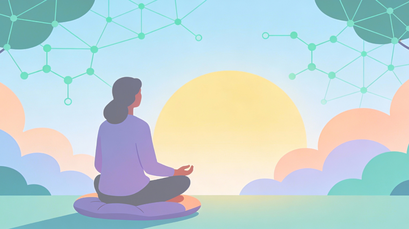 A person meditates before a sunrise with chemical structures in the sky, representing psychedelic therapy and ketamine treatment for the Beckley Retreats blog.