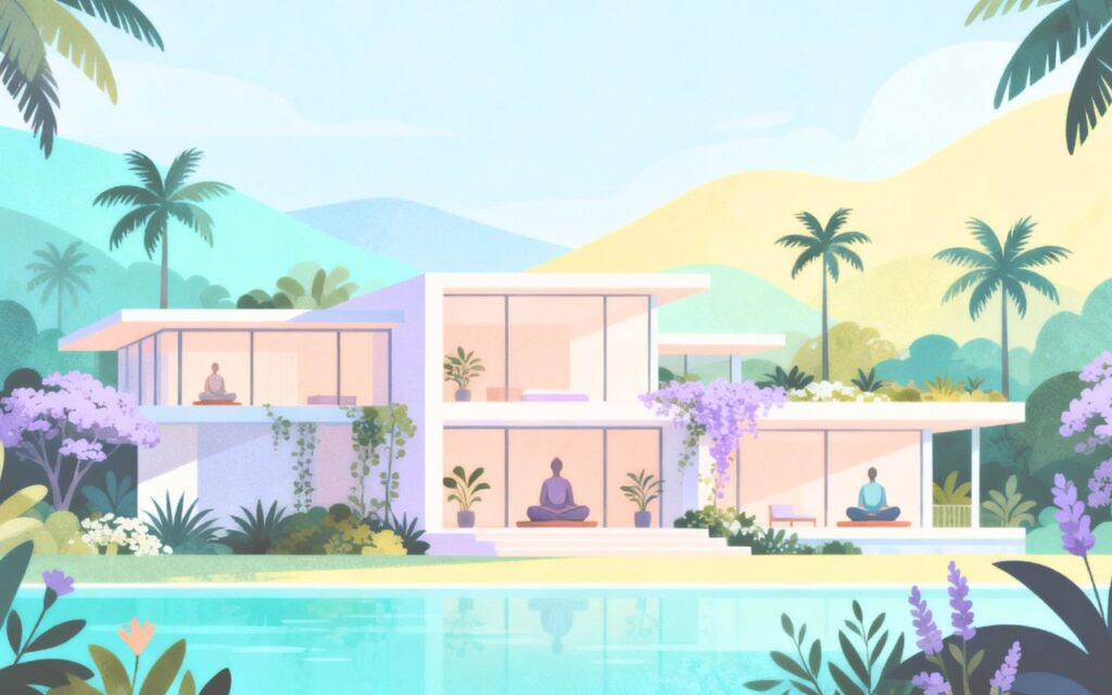 Psilocybin Retreats Colorado: A flat illustration of a therapy center.