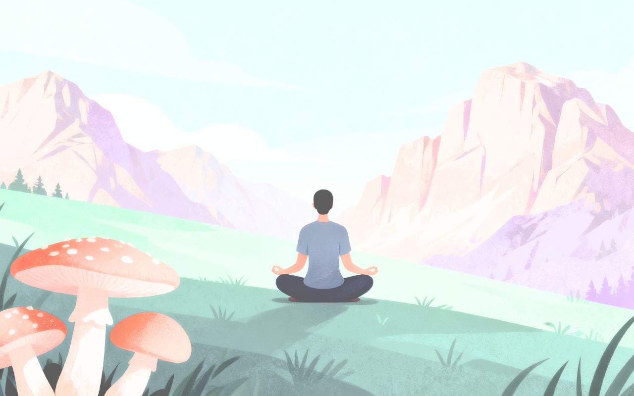 Psilocybin Retreats Colorado: A man meditating on a plateau, overlooking a cliff