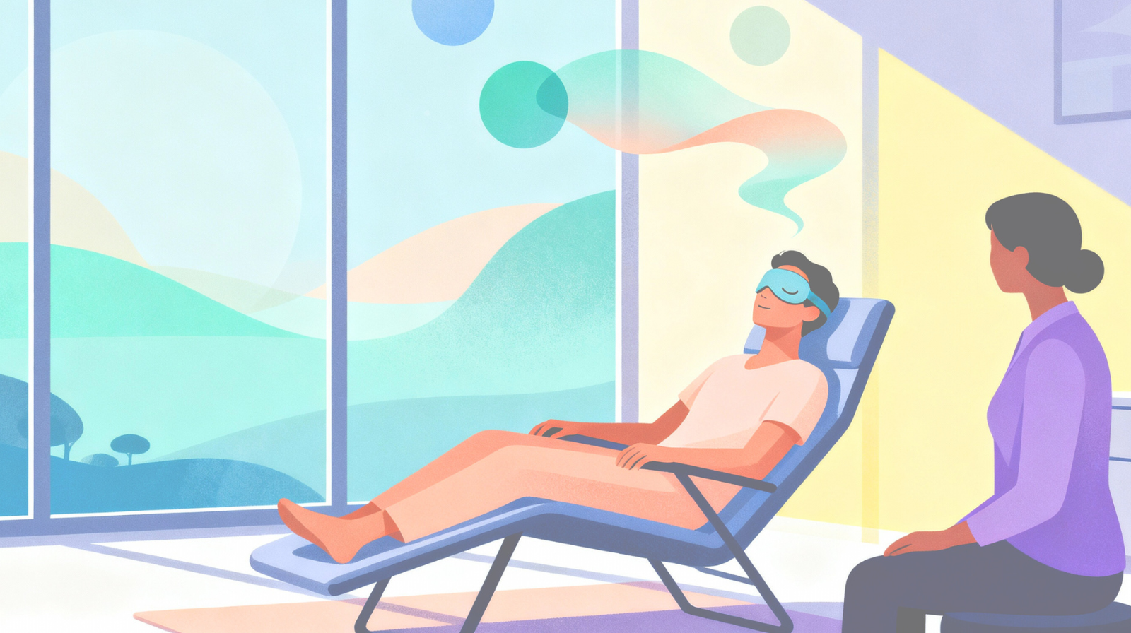 Illustration of a patient receiving guided psychedelic therapy, visualizing the safe, supportive environment provided for ketamine treatment and mental health healing at Beckley Retreats.