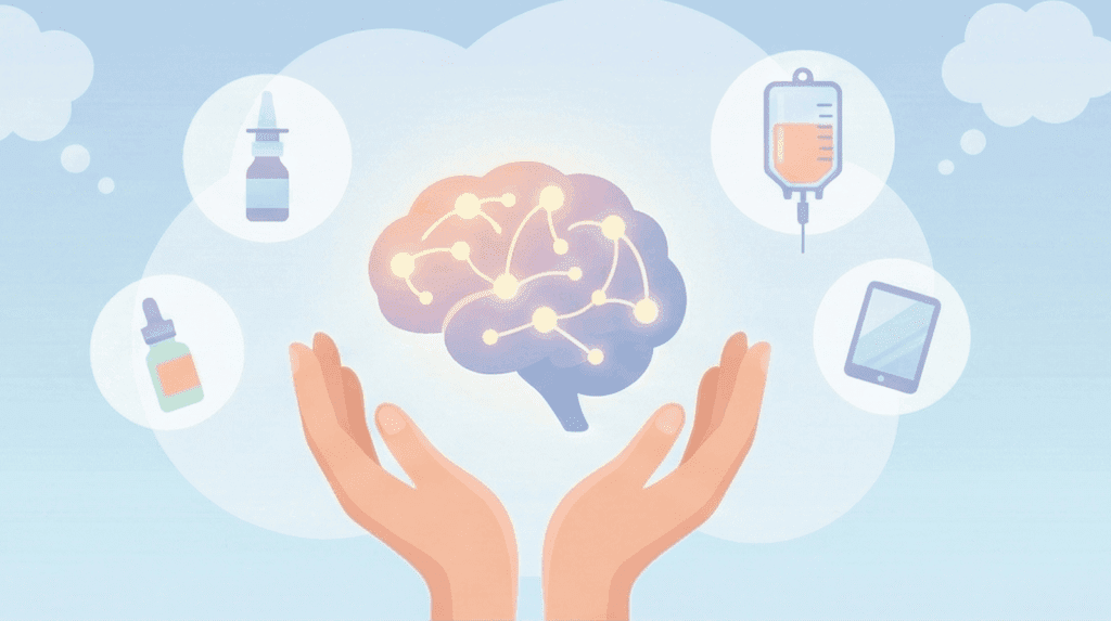 A flat illustration of the brain with synapses lighting up, surrounded by bubbles containing various sources of simulation like medicine, gadget, etc.