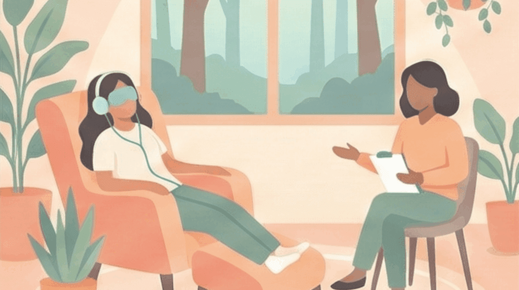 A person sitting on chair with their eyes covered with a blindfold, having therapy with a guide.