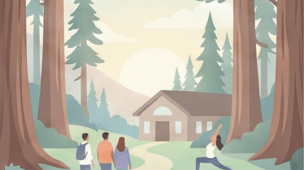 An outdoor setting, in a clearing in a forest, where a single floor building can be seen. There are three people walking towards it, and one person that appears to be doing yoga outside.