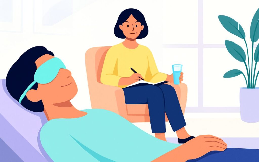 A flat illustration of a guide taking notes on the progress of a mushroom therapy.