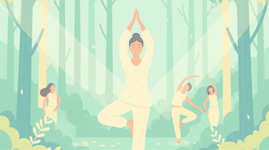 Women practicing yoga in a sunlit forest, symbolizing mindful movement, nature connection, integration after psychedelic therapy, and holistic healing on retreat at Beckley Retreats.