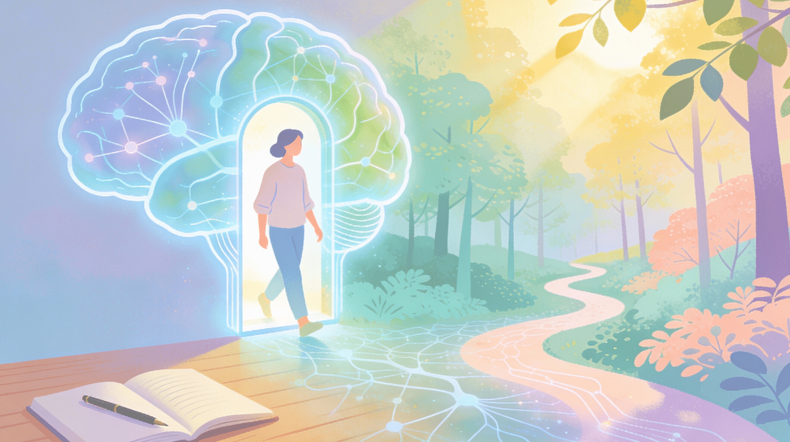 Illustration of psychedelic therapy journey for Beckley Retreats blog, showing woman walking through glowing brain doorway into healing forest path, symbolizing integration, mindfulness, and mental health transformation.