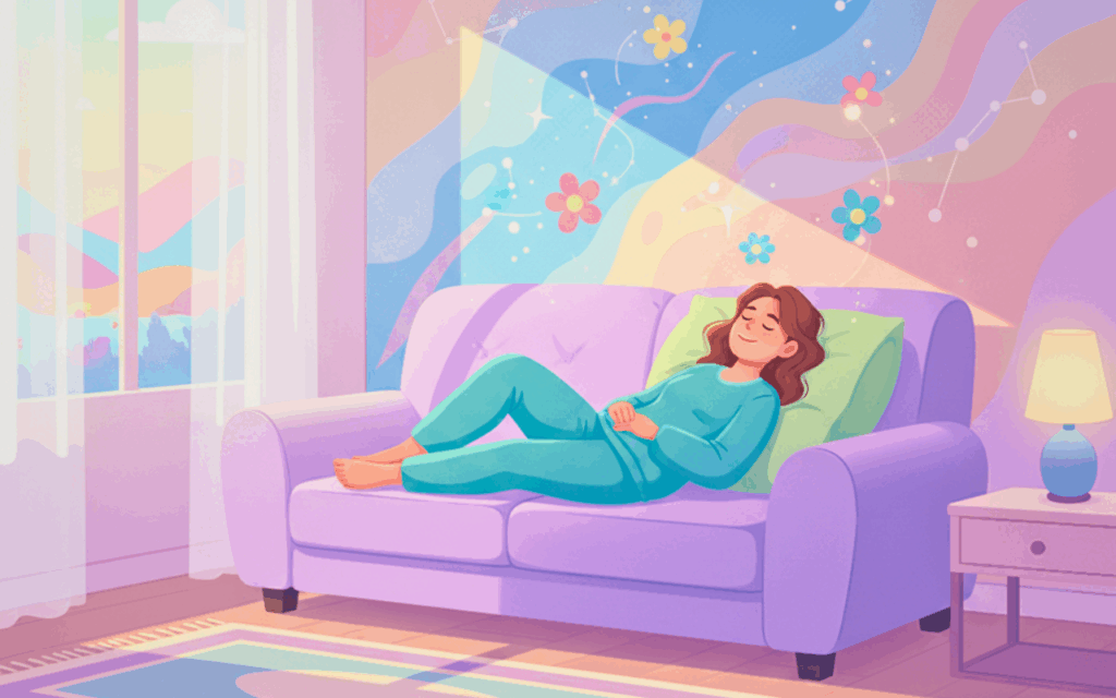 A person lying on their couch, doing at-home therapy.