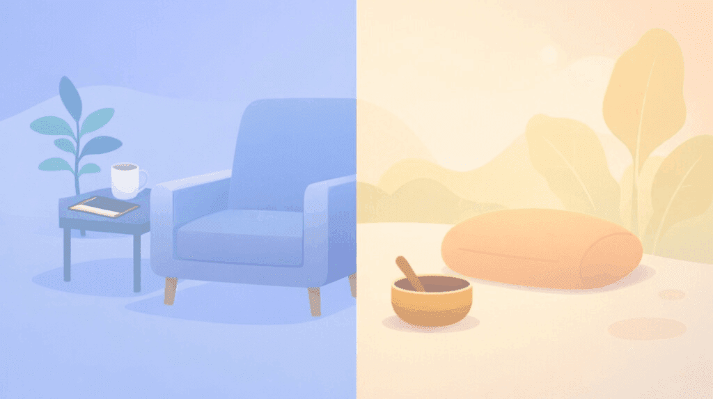Illustration contrasting a clinical therapy setting with a warm ceremonial retreat space featuring a singing bowl, representing the diverse environments for safe psychedelic therapy journeys with Beckley Retreats.