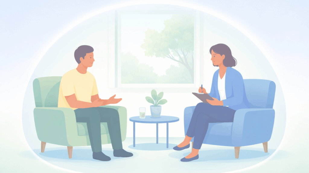 Illustration of a one-on-one consultation between a participant and a qualified psychedelic therapist, discussing preparation and integration for a safe, guided journey with Beckley Retreats.