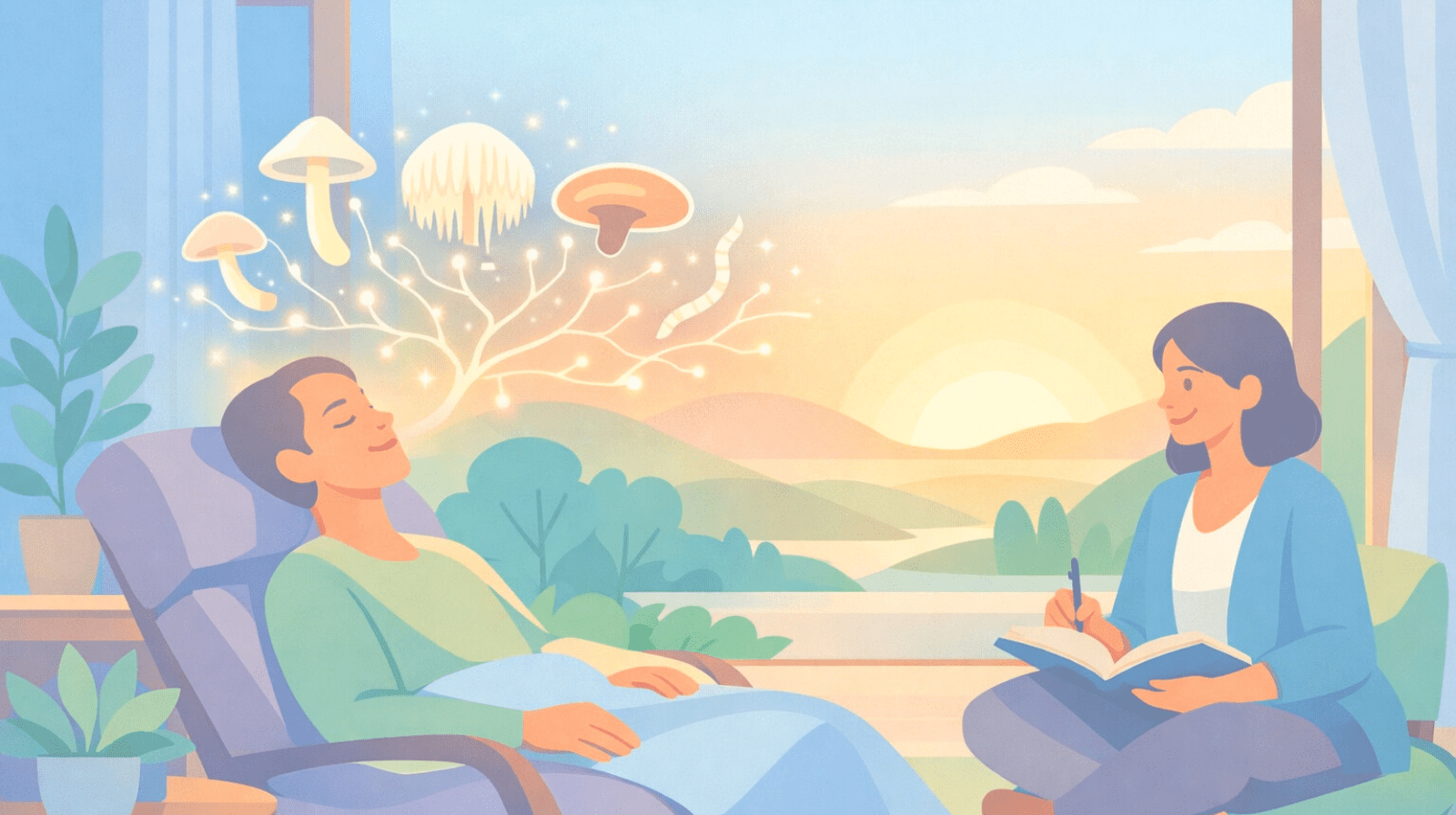 Illustration of psychedelic therapy session at Beckley Retreats, showing relaxed client, therapist taking notes, and floating healing mushrooms symbolizing psilocybin-assisted therapy, mental health transformation, and mindful integration.