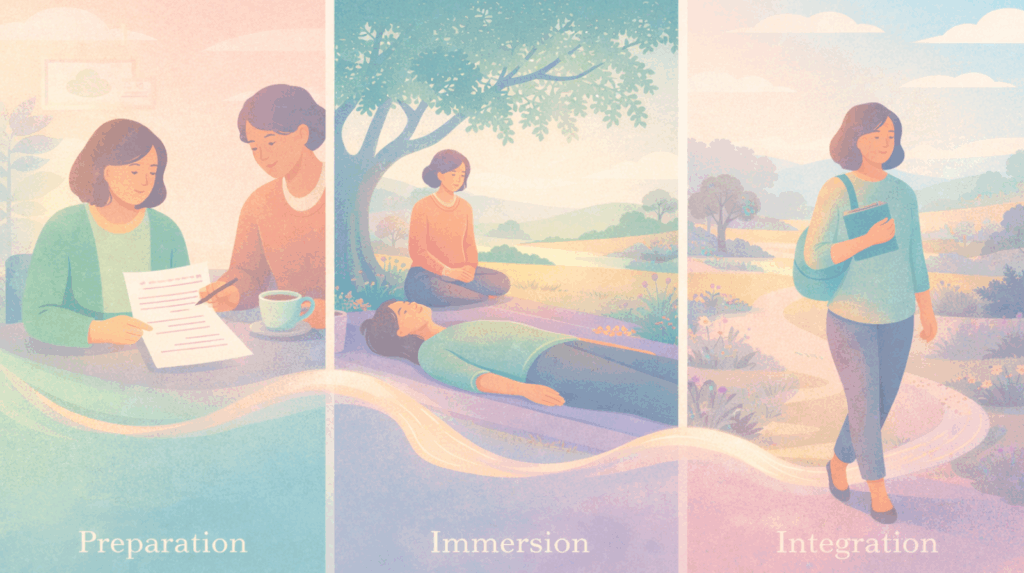 Three-panel illustration showing psychedelic therapy stages: Preparation, Immersion, and Integration for holistic mental wellness.