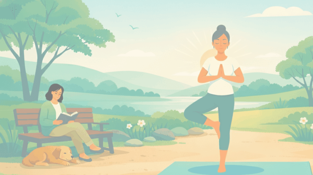 Women practicing yoga and reading outdoors with a dog, illustrating nature integration and stress relief practices central to a holistic psychedelic therapy retreat experience.
