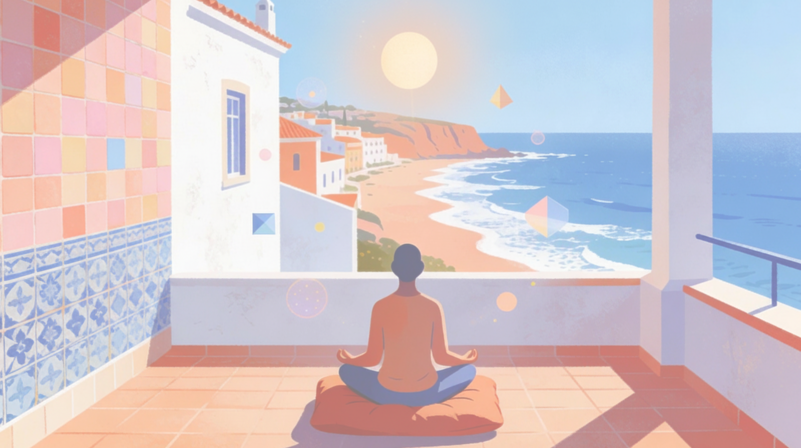 Person meditating in lotus position overlooking coastal Portugal scenery during psychedelic therapy retreat, featuring mindfulness, healing, wellness, and transformational personal growth experience at serene ocean-view terrace.