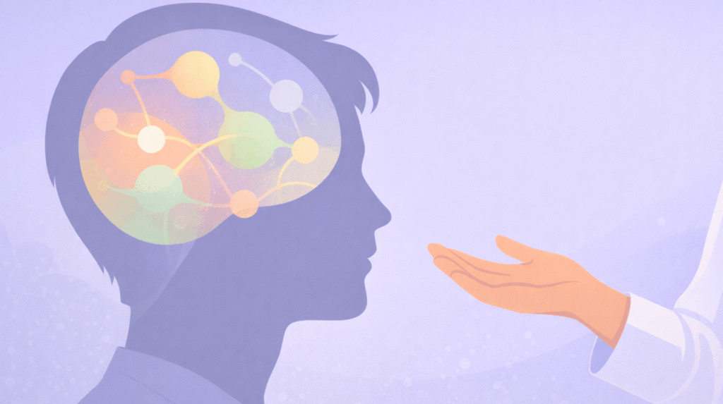 Illustration of neural pathways lighting up within a silhouette, depicting neuroplasticity and brain rewiring supported by psychedelic therapy and expert guidance at Beckley Retreats.