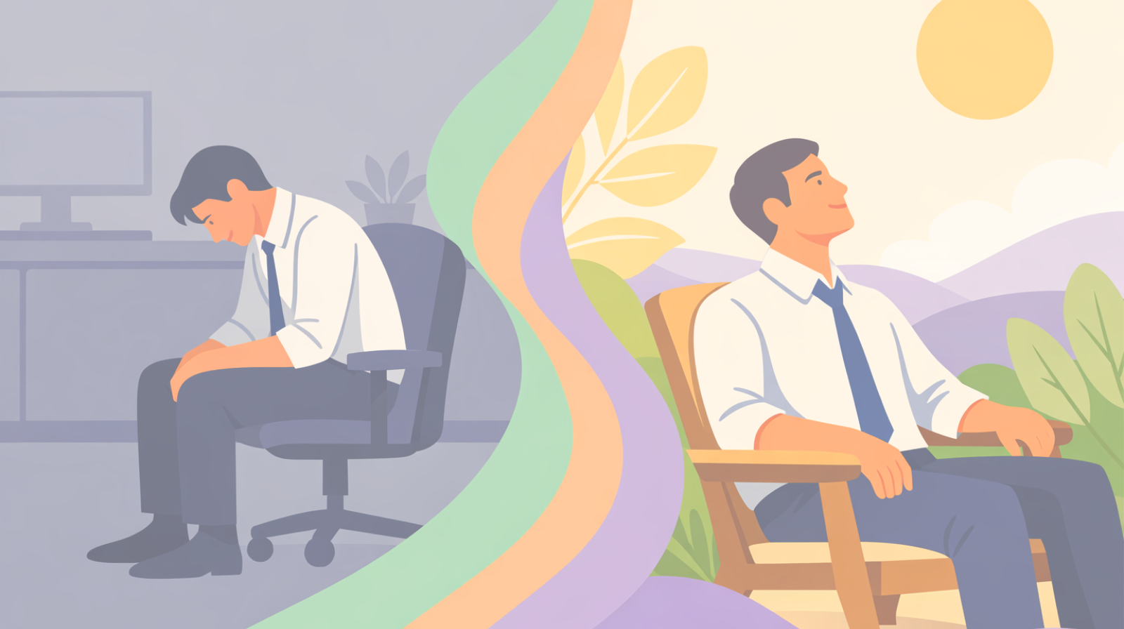 Split illustration contrasting workplace burnout with sunlit recovery, representing the transformative mental health benefits of psychedelic therapy and psilocybin retreats at Beckley Retreats.