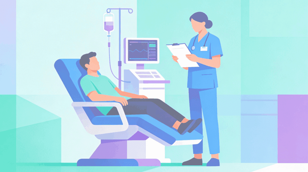 Illustration of in-clinic ketamine infusion therapy: patient reclines in medical chair with IV drip, vital-sign monitor, and clinician support, highlighting supervised psychedelic-assisted treatment setting for mental health healing professional care.