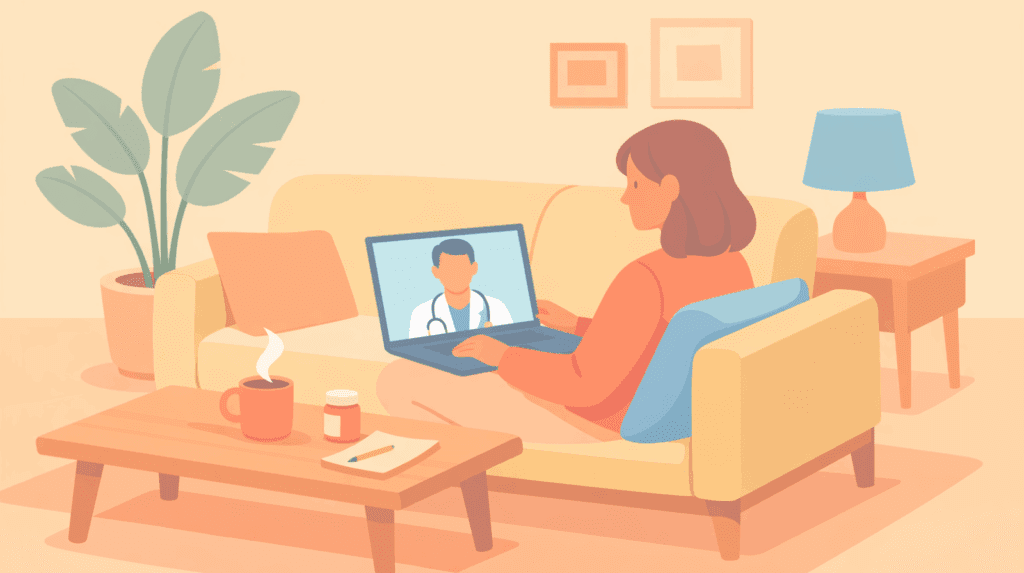oman at home on couch during virtual telemedicine consultation for at-home ketamine therapy, illustrating remote psychedelic-assisted treatment option with medical supervision via telehealth platform for mental wellness.