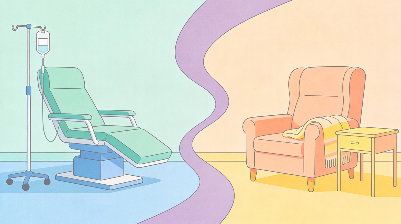 Clinical ketamine therapy chair with IV stand contrasts home-based psychedelic therapy setting featuring comfortable armchair, illustrating treatment environment options for therapeutic ketamine experiences.