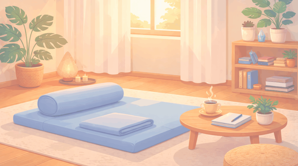 Cozy room illustration featuring a comfortable mat and journal, representing the ideal safe space and supportive set and setting for psychedelic therapy preparation and integration with Beckley Retreats.
