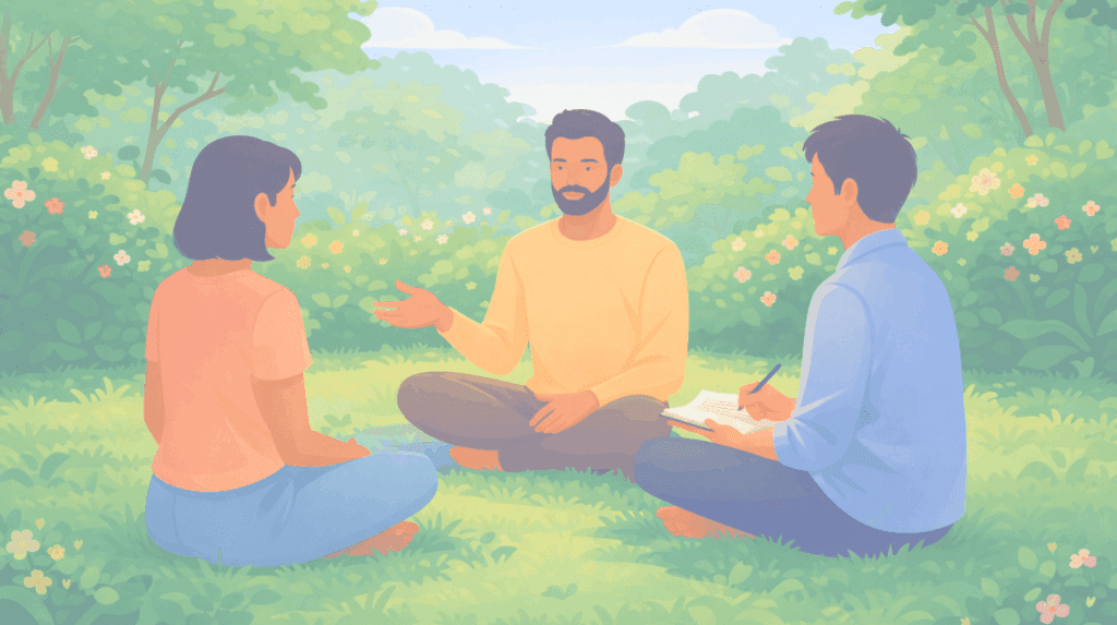 Illustration of a group integration circle in nature, depicting the essential community support, sharing, and processing phase of a psychedelic therapy journey with Beckley Retreats.